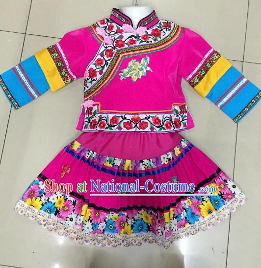 Traditional Chinese Yi Nationality Dance Embroidered Costume Folk Dance Ethnic Rosy Dress Clothing for Kids