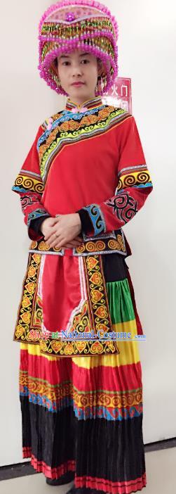 Traditional Chinese Yi Nationality Performance Embroidered Costume Folk Dance Ethnic Red Dress Clothing for Women