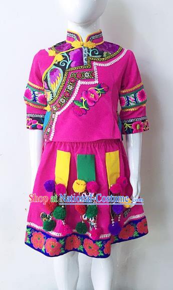 Traditional Chinese Yi Nationality Minority Embroidered Costume Folk Dance Clothing Rosy Dress for Kids