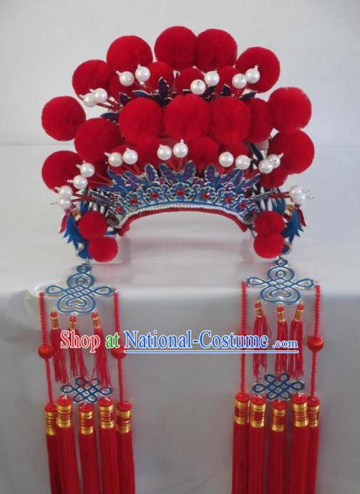 Traditional Chinese Beijing Opera Hair Accessories Red Pompon Phoenix Coronet Peking Opera Actress Headwear