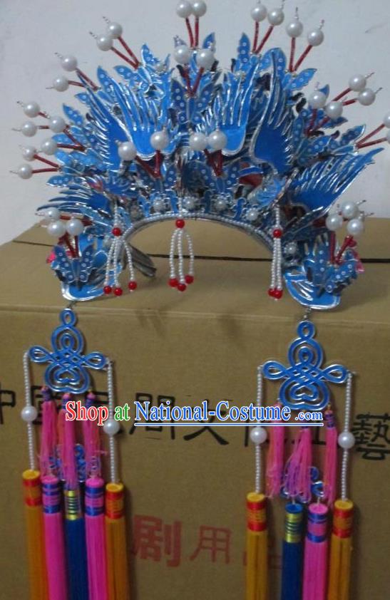 Traditional Chinese Beijing Opera Hair Accessories Princess Blue Phoenix Coronet Peking Opera Actress Headwear