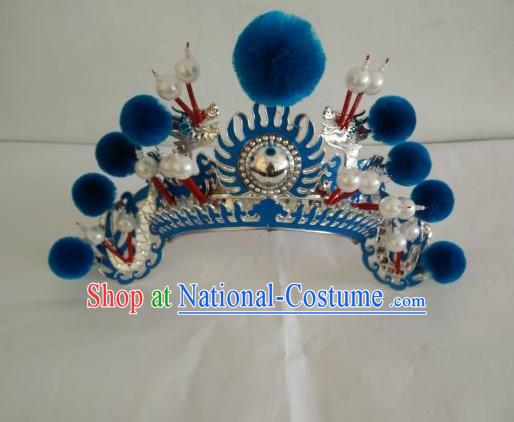 Traditional Chinese Beijing Opera Female Soldier Blue Venonat Helmet Peking Opera Actress Headwear