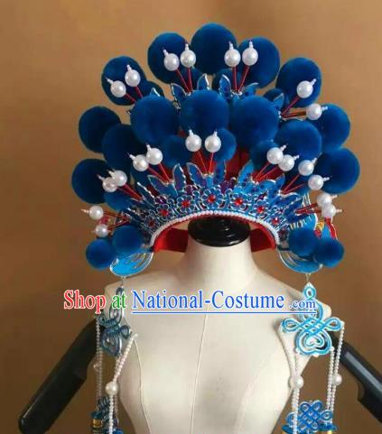 Traditional Chinese Beijing Opera Diva Blue Venonat Phoenix Coronet Peking Opera Actress Hats Headwear