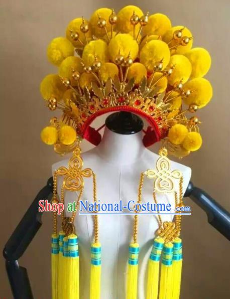 Traditional Chinese Beijing Opera Diva Yellow Venonat Phoenix Coronet Peking Opera Actress Hats Headwear