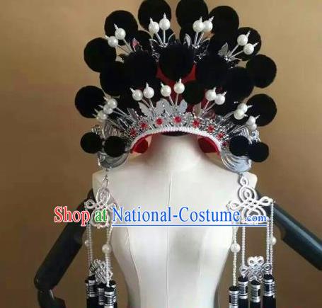 Traditional Chinese Beijing Opera Diva Black Venonat Phoenix Coronet Peking Opera Actress Hats Headwear