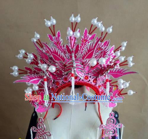 Chinese Traditional Beijing Opera Empress Pink Phoenix Coronet Hair Accessories Peking Opera Actress Hats Headwear