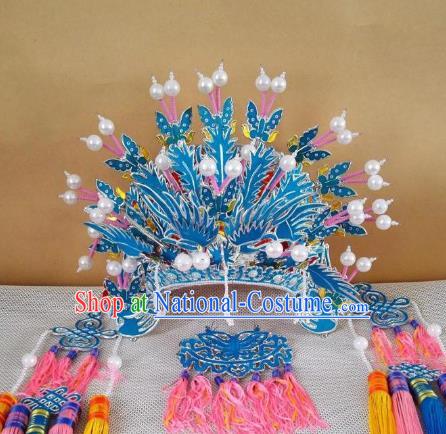 Chinese Traditional Beijing Opera Diva Blue Butterfly Phoenix Coronet Hair Accessories Peking Opera Actress Hats Headwear