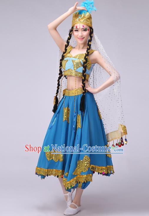 Traditional Chinese Uyghur Nationality Dancing Costume, Chinese Uigurian Minority Nationality Dance Blue Dress for Women