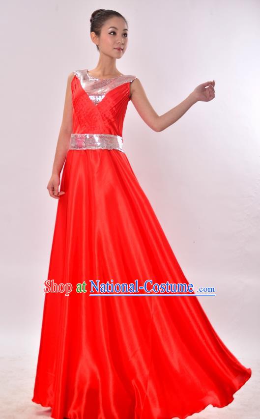 Traditional Chinese Modern Dance Chorus Costume, Women Opening Dance Red Dress for Women