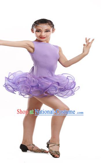 Traditional Chinese Modern Dance Latin Dance Costume Opening Dance Purple Dress for Kids