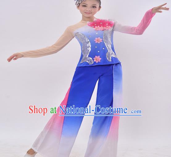 Traditional Chinese Folk Dance Fan Dance Blue Costume, Chinese Yangko Drum Dance Clothing for Women