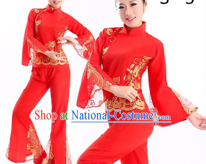 Traditional Chinese Folk Dance Fan Dance Red Costume, Chinese Yangko Drum Dance Clothing for Women