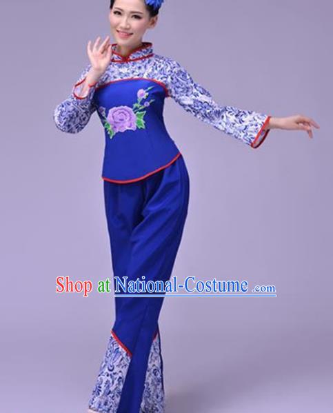 Traditional Chinese Folk Dance Fan Dance Blue Costume, Chinese Yangko Drum Dance Clothing for Women