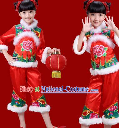 Traditional Chinese New Year Yangge Drum Dance Costume, Children Classical Yangko Dance Clothing for Kids