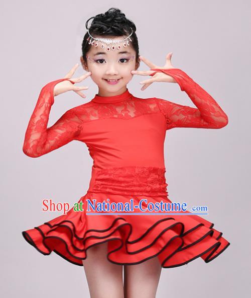 Top Grade Modern Dance Costume Stage Performance Latin Dance Red Bubble Dress for Kids