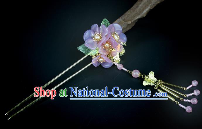 Chinese Ancient Handmade Hair Accessories Purple Flowers Hair Clips Tassel Step Shake Hairpins for Women