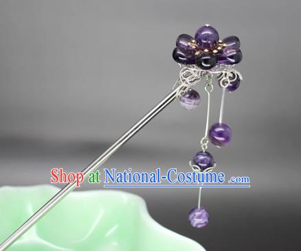 Chinese Ancient Handmade Hair Accessories Purple Beads Tassel Step Shake Hair Stick Hairpins for Women