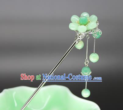 Chinese Ancient Handmade Hair Accessories Green Beads Tassel Step Shake Hair Stick Hairpins for Women