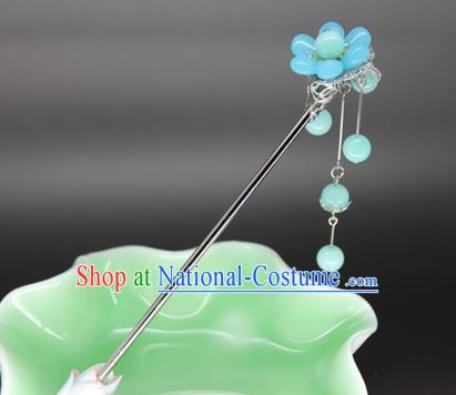 Chinese Ancient Handmade Hair Accessories Blue Beads Tassel Step Shake Hair Stick Hairpins for Women