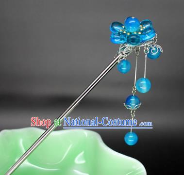 Chinese Ancient Handmade Hair Accessories Deep Blue Beads Tassel Step Shake Hair Stick Hairpins for Women