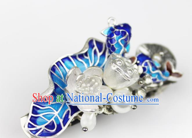 Chinese Ancient Handmade Hair Accessories Classical Blueing Fishes Lotus Hairpins Hair Claw for Women