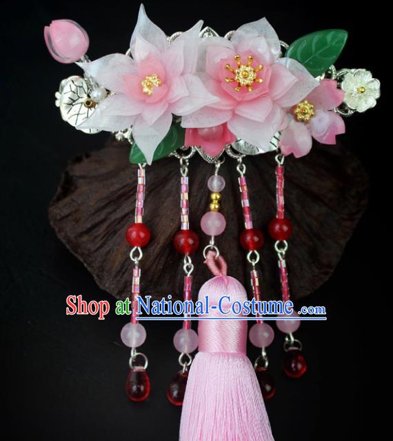 Chinese Ancient Handmade Hair Accessories Classical Hairpins Pink Tassel Hair Claw for Women