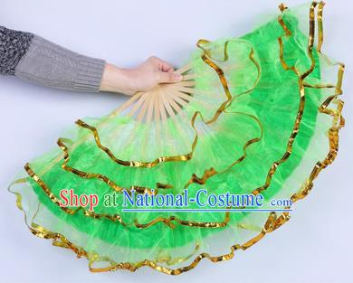 Chinese Folk Dance Props Accessories Stage Performance Yangko Green Folding Fans for Women