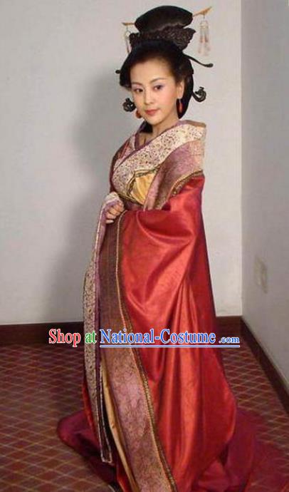 Ancient Traditional Chinese Han Dynasty Empress Dowager Ding Tao Hanfu Dress Replica Costume for Women