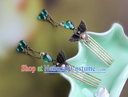 Chinese Ancient Handmade Hair Accessories Classical Green Crystal Tassel Hairpins Butterfly Hair Comb for Women