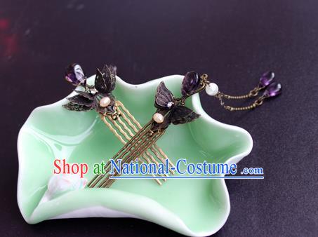 Chinese Ancient Handmade Hair Accessories Classical Purple Crystal Tassel Hairpins Butterfly Hair Comb for Women