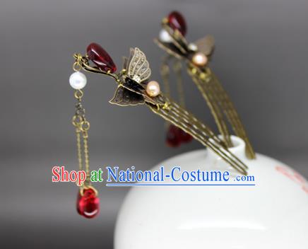 Chinese Ancient Handmade Hair Accessories Classical Red Crystal Tassel Hairpins Butterfly Hair Comb for Women