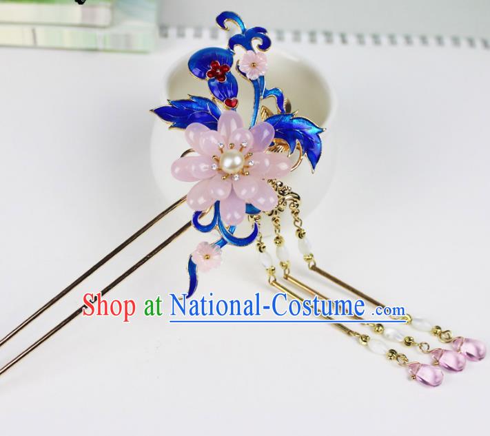 Chinese Ancient Handmade Hair Accessories Classical Hairpins Pink Flower Blueing Hair Clip for Women