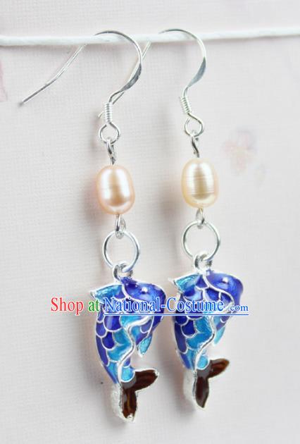 Chinese Ancient Handmade Accessories Pearl Earrings Hanfu Blueing Fish Eardrop for Women