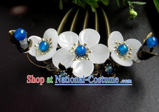 Chinese Ancient Handmade Hair Accessories Hairpins Classical Hanfu Blue Beads Flowers Hair Comb for Women