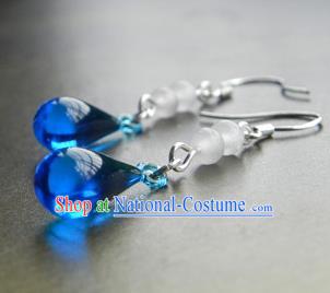 Chinese Ancient Handmade Accessories Blue Crystal Tassel Earrings for Women