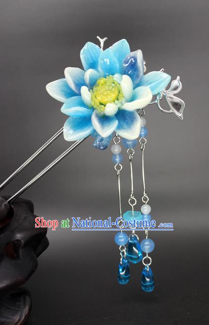 Chinese Ancient Handmade Hair Accessories Hairpins Classical Hanfu Blue Flowers Step Shake for Women