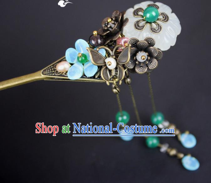 Chinese Ancient Handmade Hair Accessories Hairpins Classical Hanfu Green Beads Step Shake for Women