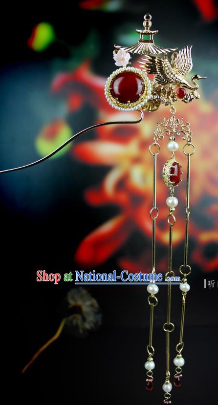 Chinese Ancient Handmade Hair Accessories Hairpins Classical Crane Tassel Step Shake Hanfu Hair Clip for Women