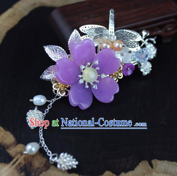 Chinese Ancient Handmade Hair Accessories Hairpins Classical Hanfu Purple Flower Hair Claw for Women