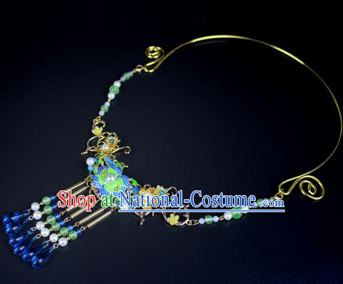 Chinese Ancient Handmade Accessories Blueing Necklace Crystal Tassel Necklet for Women