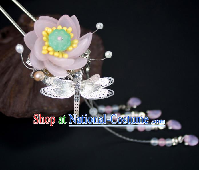 Chinese Ancient Handmade Hair Accessories Dragonfly Lotus Step Shake Classical Hanfu Tassel Hairpins for Women