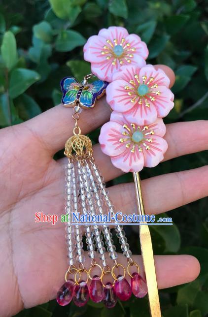 Chinese Ancient Handmade Hair Accessories Pink Flowers Tassel Step Shake Classical Hanfu Hairpins for Women