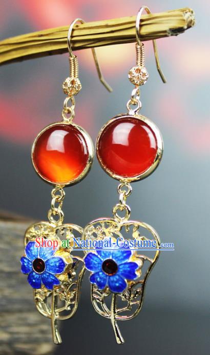 Chinese Ancient Handmade Accessories Agate Earrings Blueing Eardrop for Women