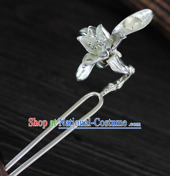 Chinese Ancient Handmade Hair Accessories Mangnolia Hair Clip Classical Hanfu Sliver Hairpins for Women