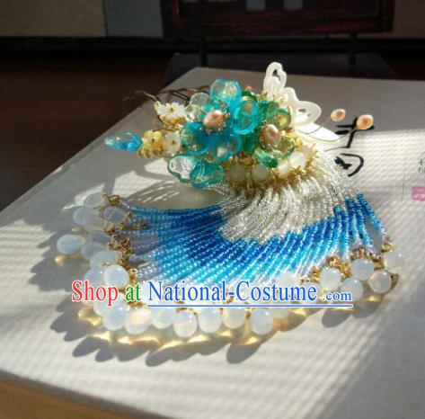 Chinese Handmade Ancient Hair Accessories Blue Beads Tassel Hair Stick Classical Hanfu Hairpins for Women