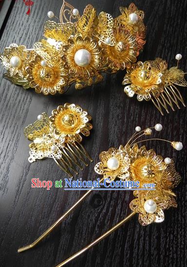 Chinese Handmade Ancient Wedding Hair Accessories Classical Hanfu Golden Hairpins Complete Set for Women