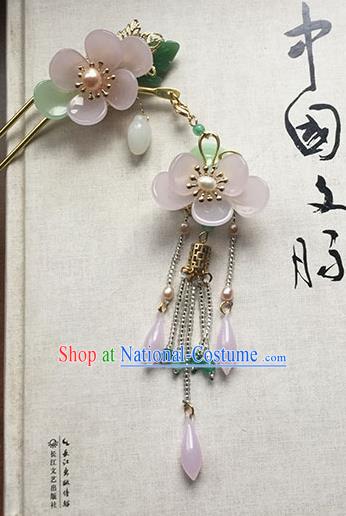 Chinese Handmade Ancient Hairpins Hair Accessories Classical Hanfu Pink Flowers Tassel Step Shake for Women