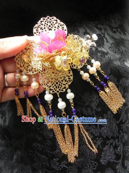 Chinese Handmade Ancient Golden Hair Stick Hair Accessories Classical Hanfu Tassel Hairpins for Women