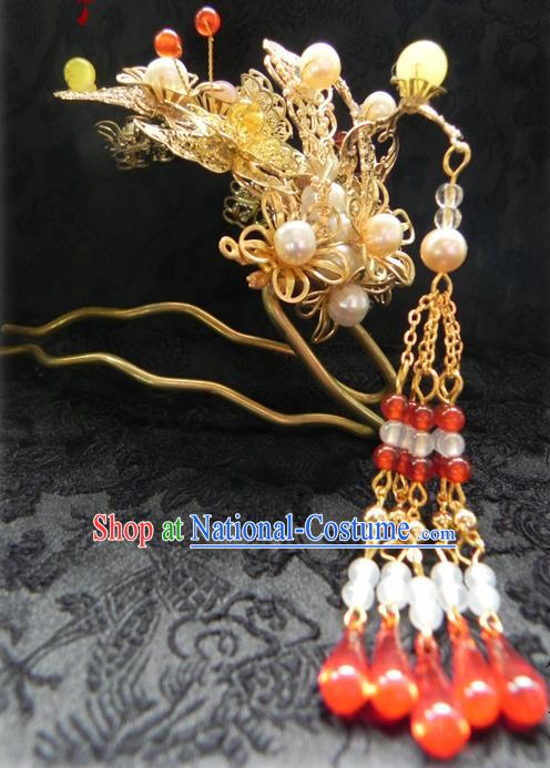 Chinese Handmade Ancient Red Beads Tassel Hairpins Hair Clip Classical Hanfu Hair Accessories for Women