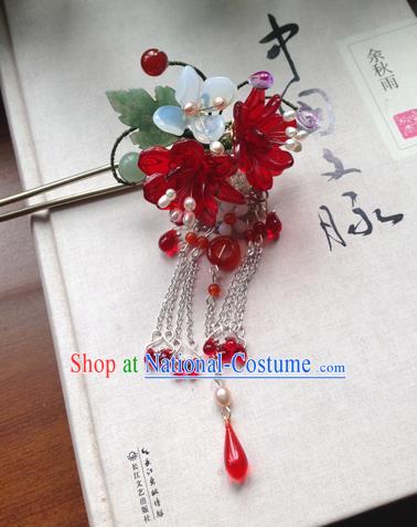 Chinese Ancient Hanfu Tassel Handmade Red Flowers Hairpins Hair Accessories Hair Clip for Women